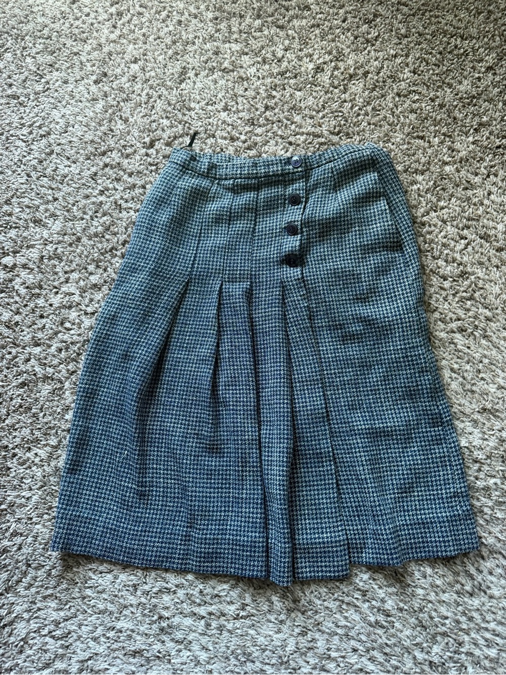 Vintage Weathervane Navy Tweed Pleated Midi Skirt Button Accent Size 12 ILGWU